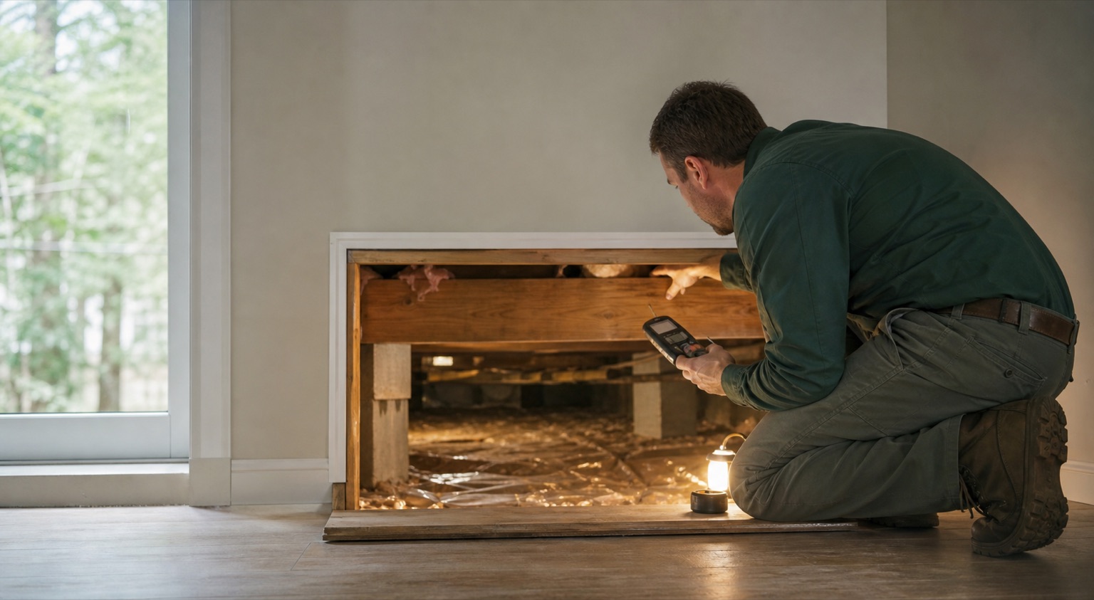 Water damage technician evaluating moisture conditions